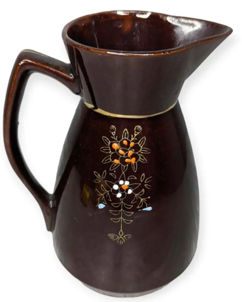 Vintage Moriage Red Wear Hand Painted Brown Glazed Decorative Pitcher 6.5